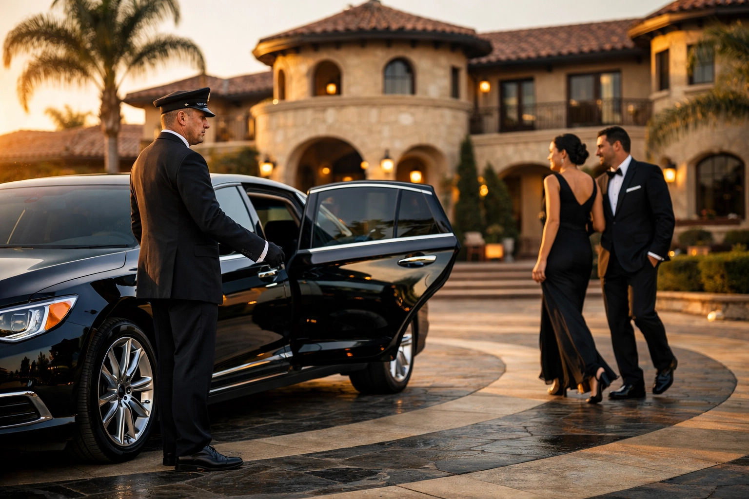 Professional chauffeur with a Yorba Linda car service luxury sedan at a high-end estate social event.