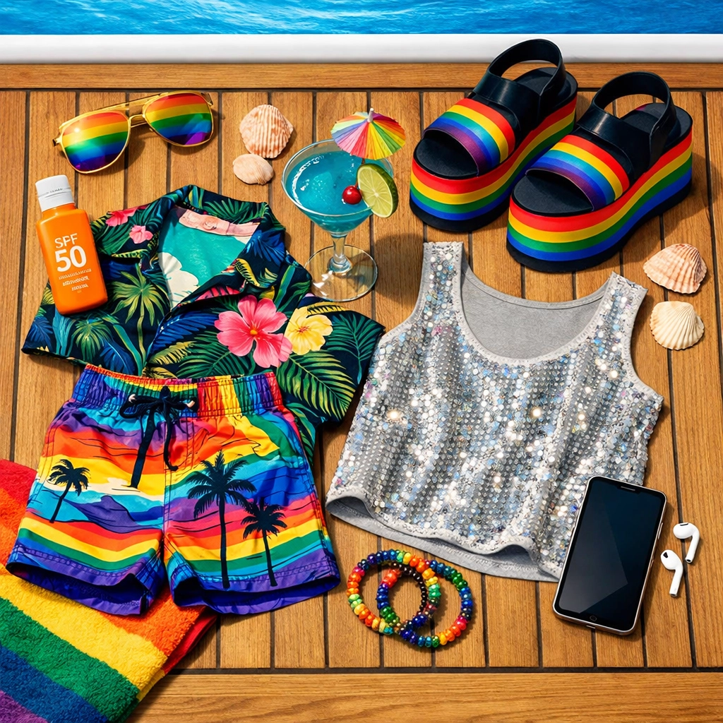 Gay cruise packing essentials including swimwear and fashion items