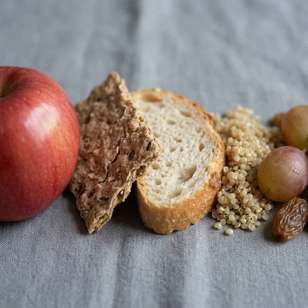 Close-up of food textures on a grey cloth, highlighting the sensory complexity of different items.