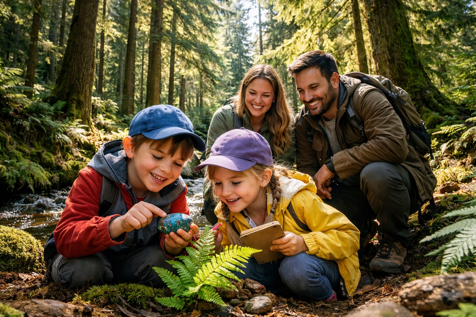 Family on a nature scavenger hunt in a forest, enjoying fun outdoor travel activities with kids.