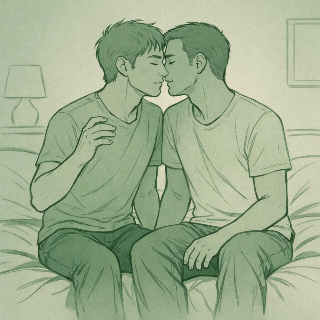 Two men sharing intimate moment on bed in MM romance depicting first-time vulnerability
