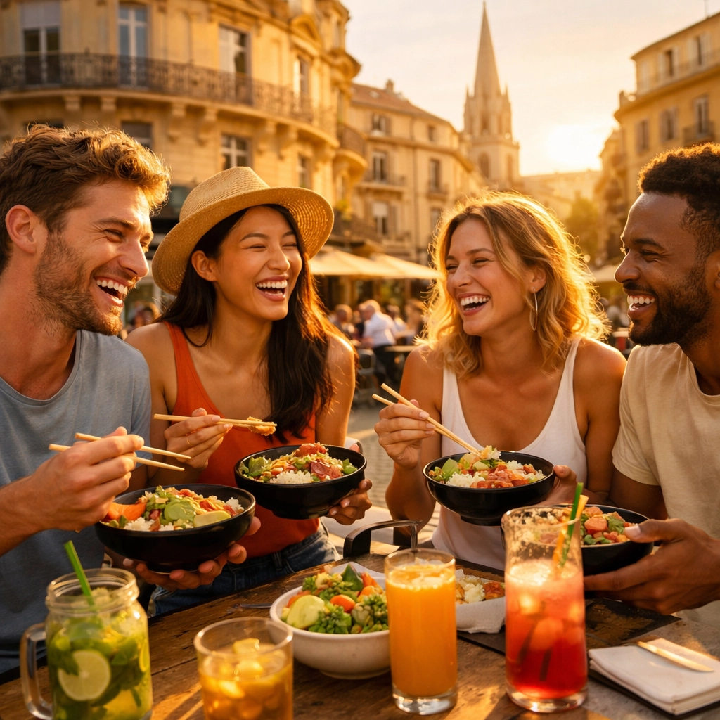 Amis partageant un repas healthy en terrasse sous le soleil de Montpellier chez Oh My Bowl.