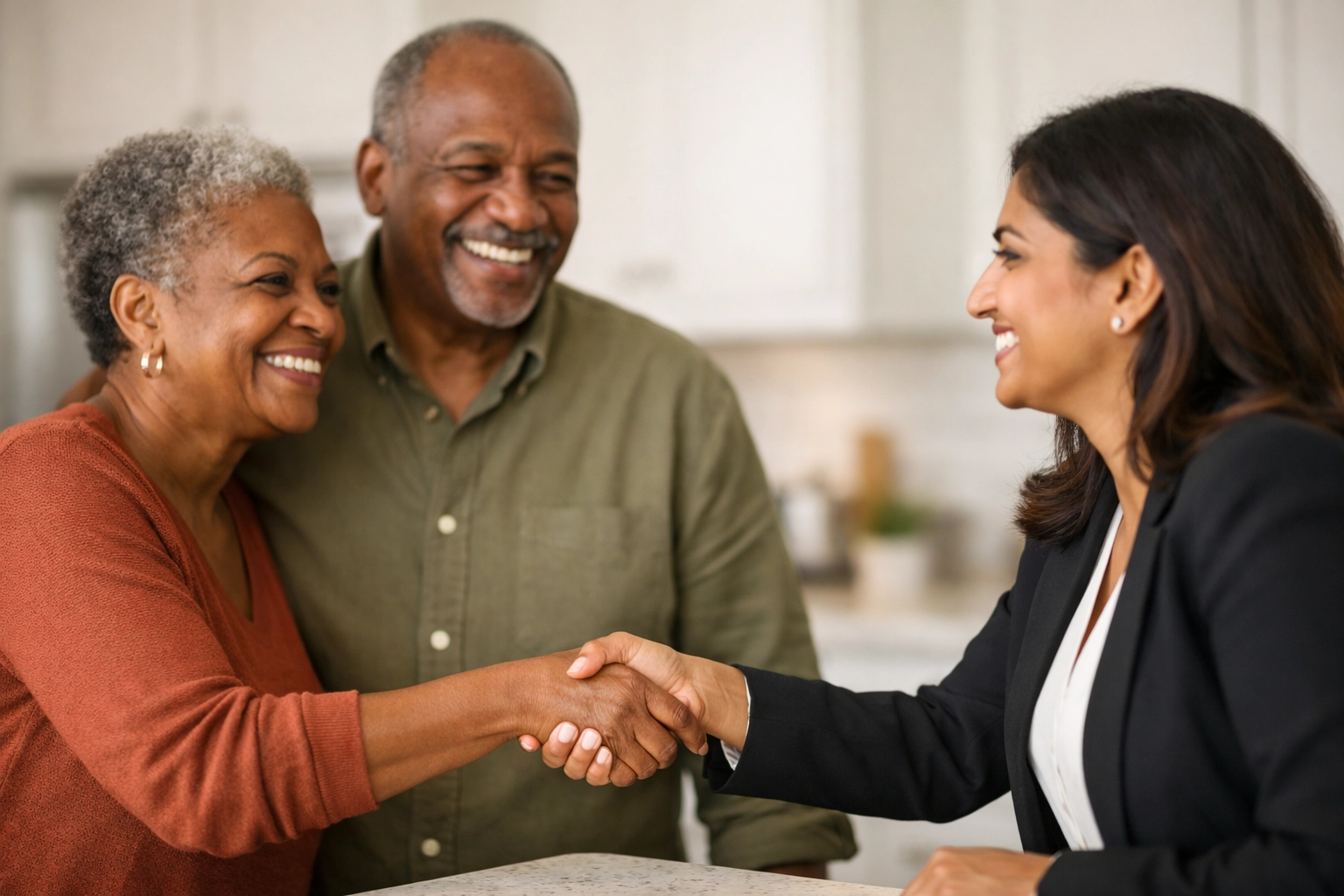 Homeowners shaking hands with a professional real estate agent in a modern kitchen after selling a home.