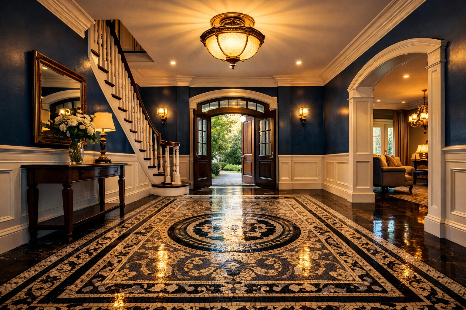 Grand home entryway in Dover, MA, perfectly polished and maintained by a professional house cleaning team.