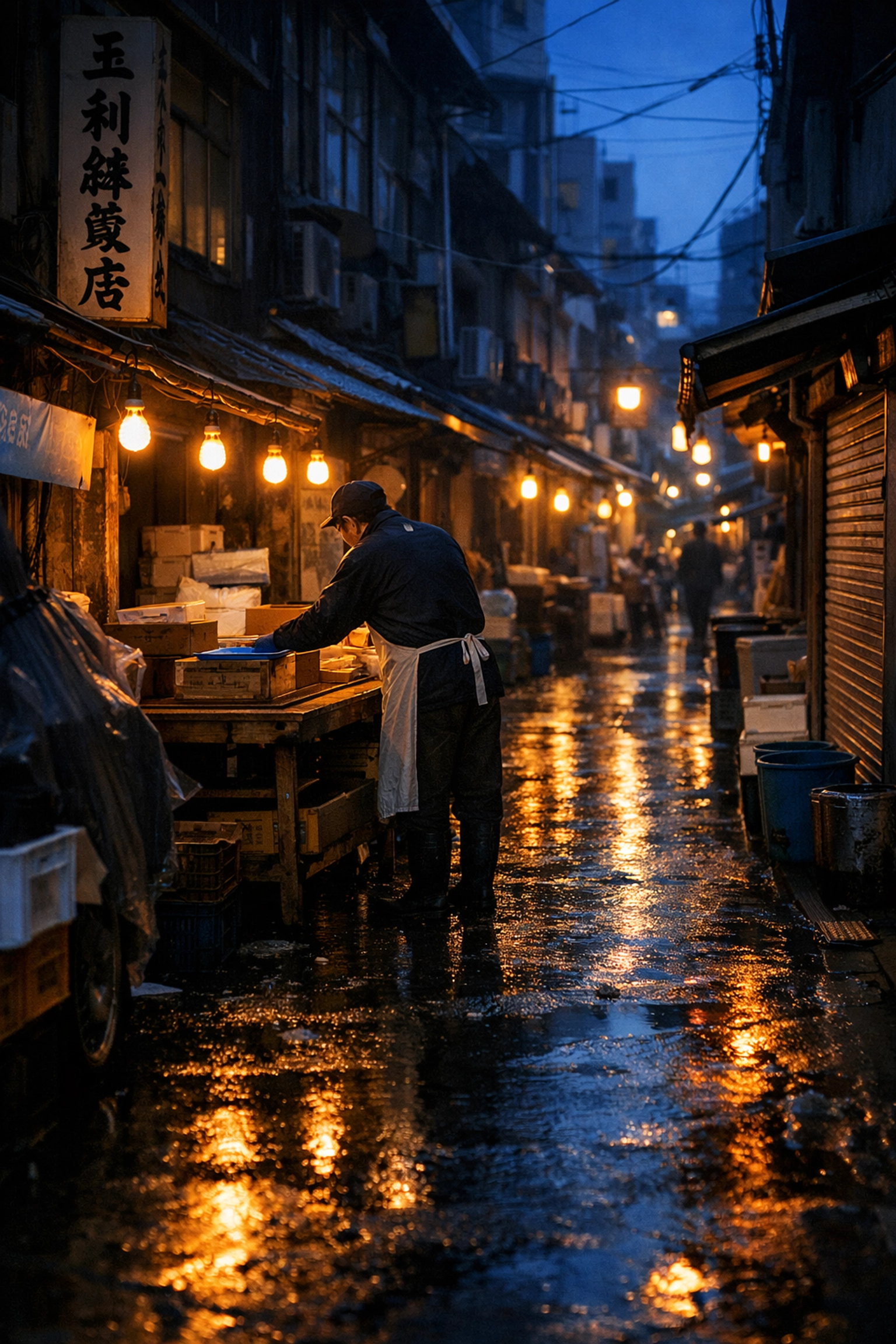 Quiet morning alleyway in Tsukiji Outer Market, one of the best photography locations for street photos in Tokyo.