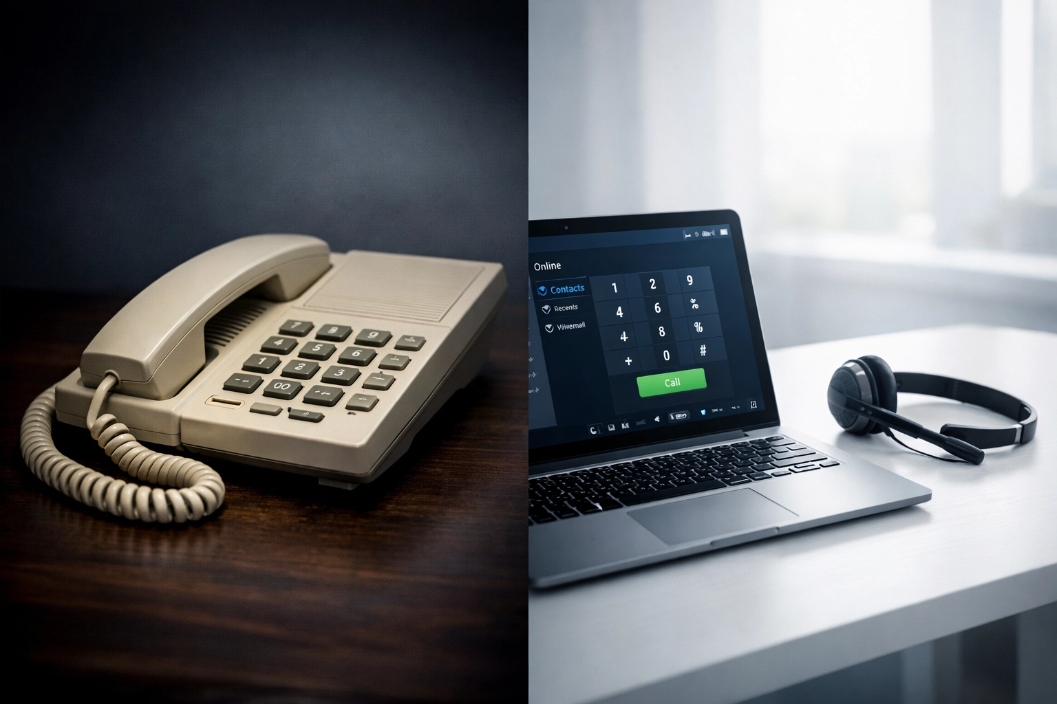 Traditional desk phone vs modern VoIP laptop setup showing business phone system evolution