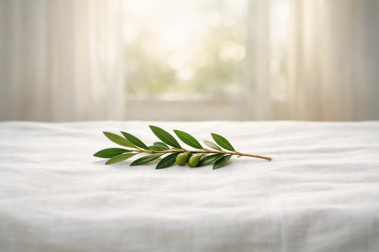 A green olive branch resting on white linen, symbolizing a global Christian call for peace and diplomacy.