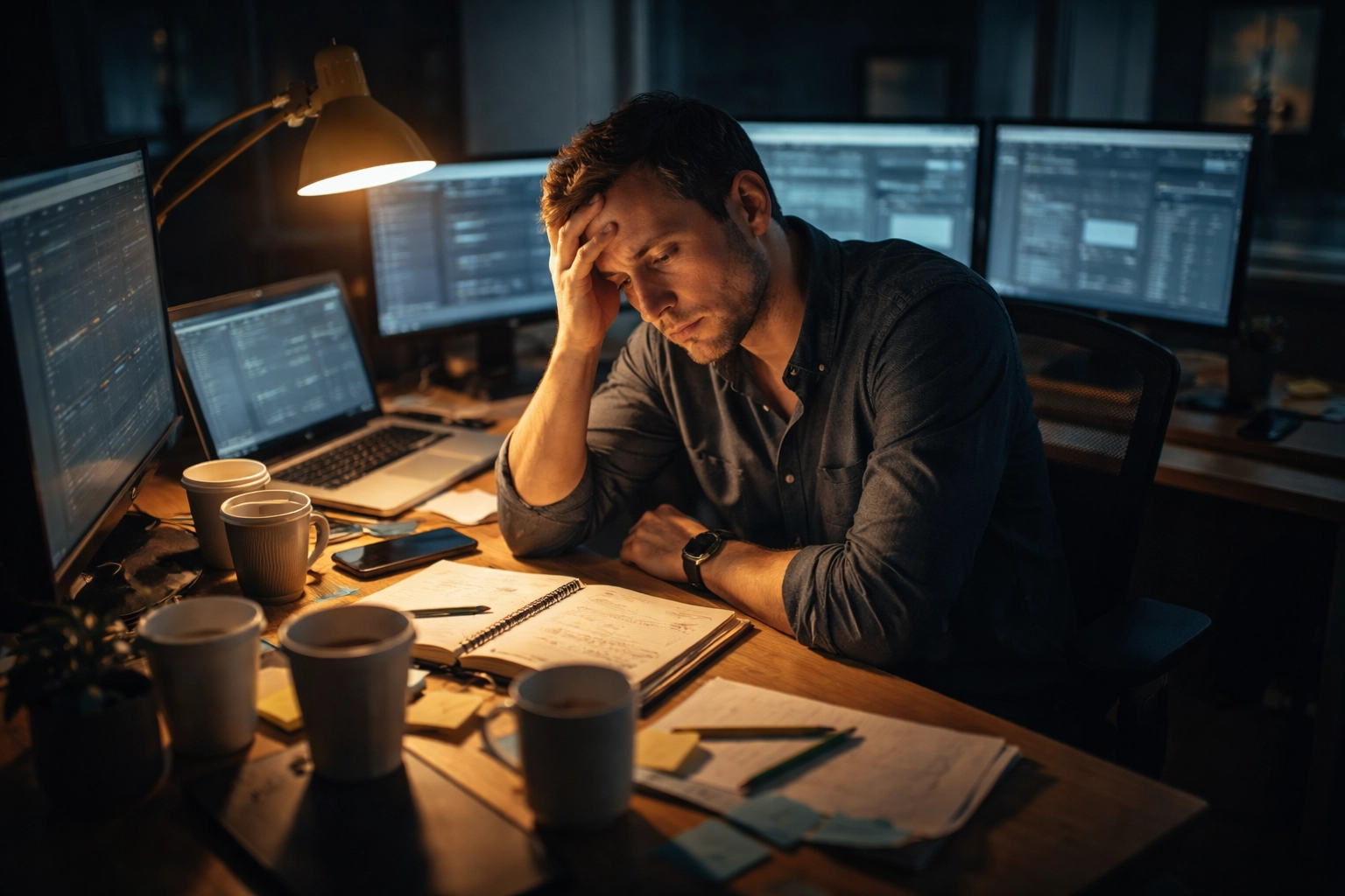 Tired MSP business owner working late alone at cluttered desk, symbolizing founder dependency risk