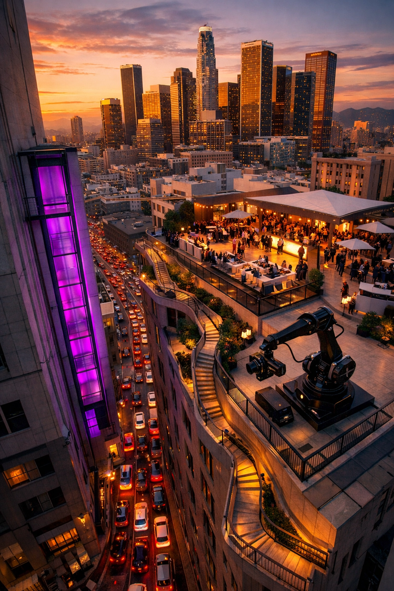 Los Angeles rooftop photo booth setup showing logistics challenges and city skyline