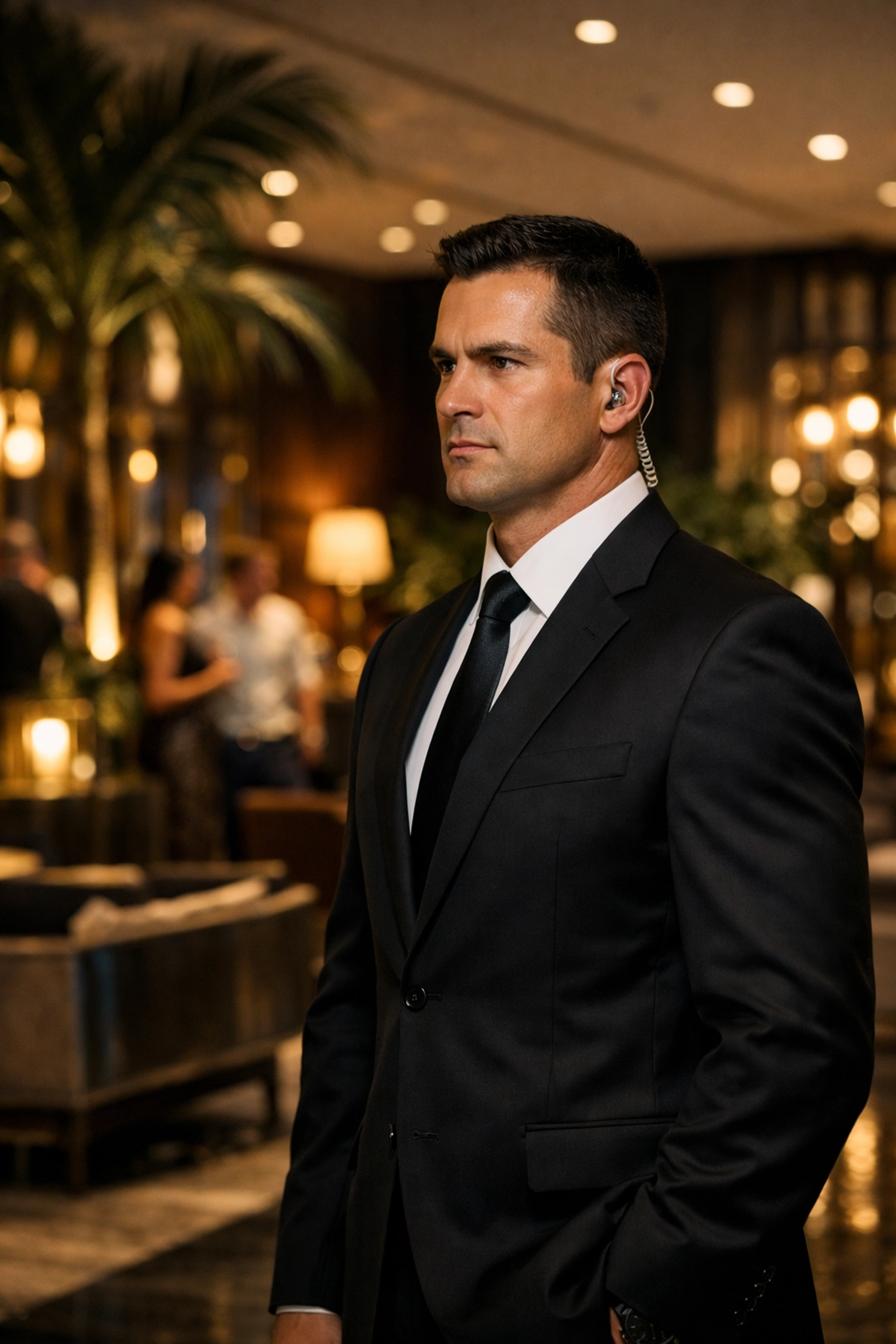 Professional 911 Medellin security specialist providing discreet executive protection in a luxury El Poblado hotel.