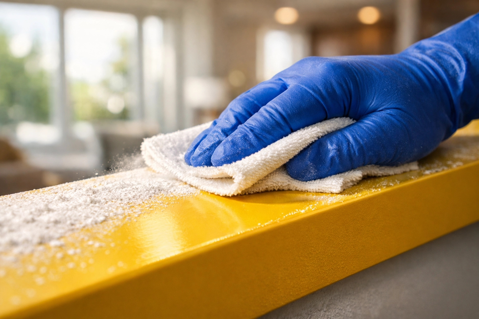 Professional cleaner wiping away drywall dust from a ledge after a Boston home renovation.