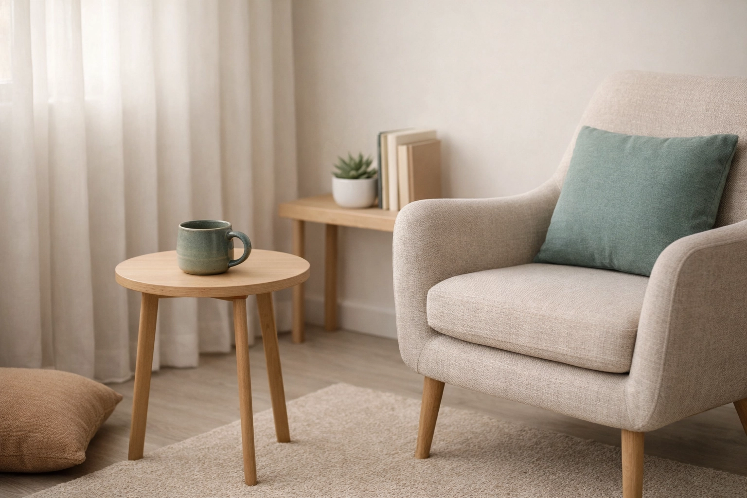 A calm, empty therapy room corner with a chair and a warm mug on a side table, lit by soft natural light.