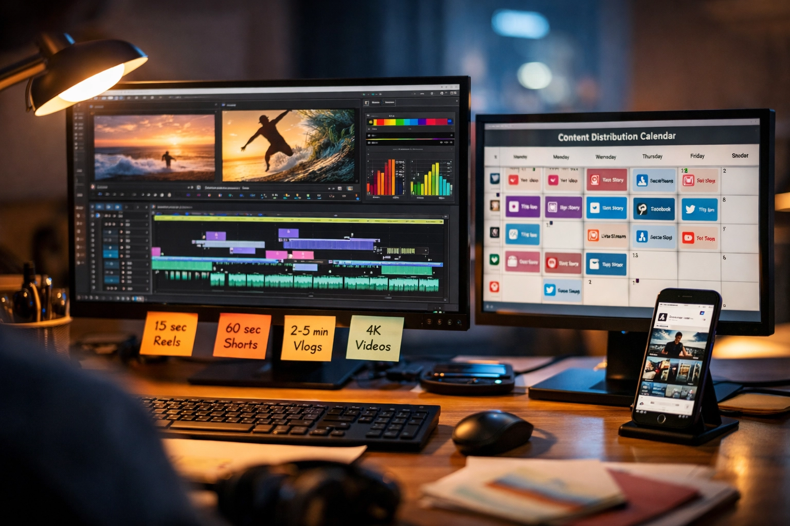 Video editing workflow with content distribution calendar and multi-platform scheduling