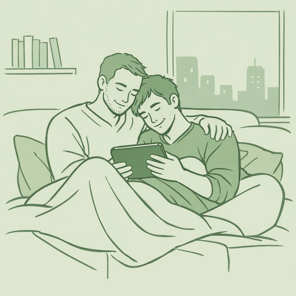A gay couple reading LGBTQ+ eBooks on a tablet, highlighting the importance of digital MM romance and stories.
