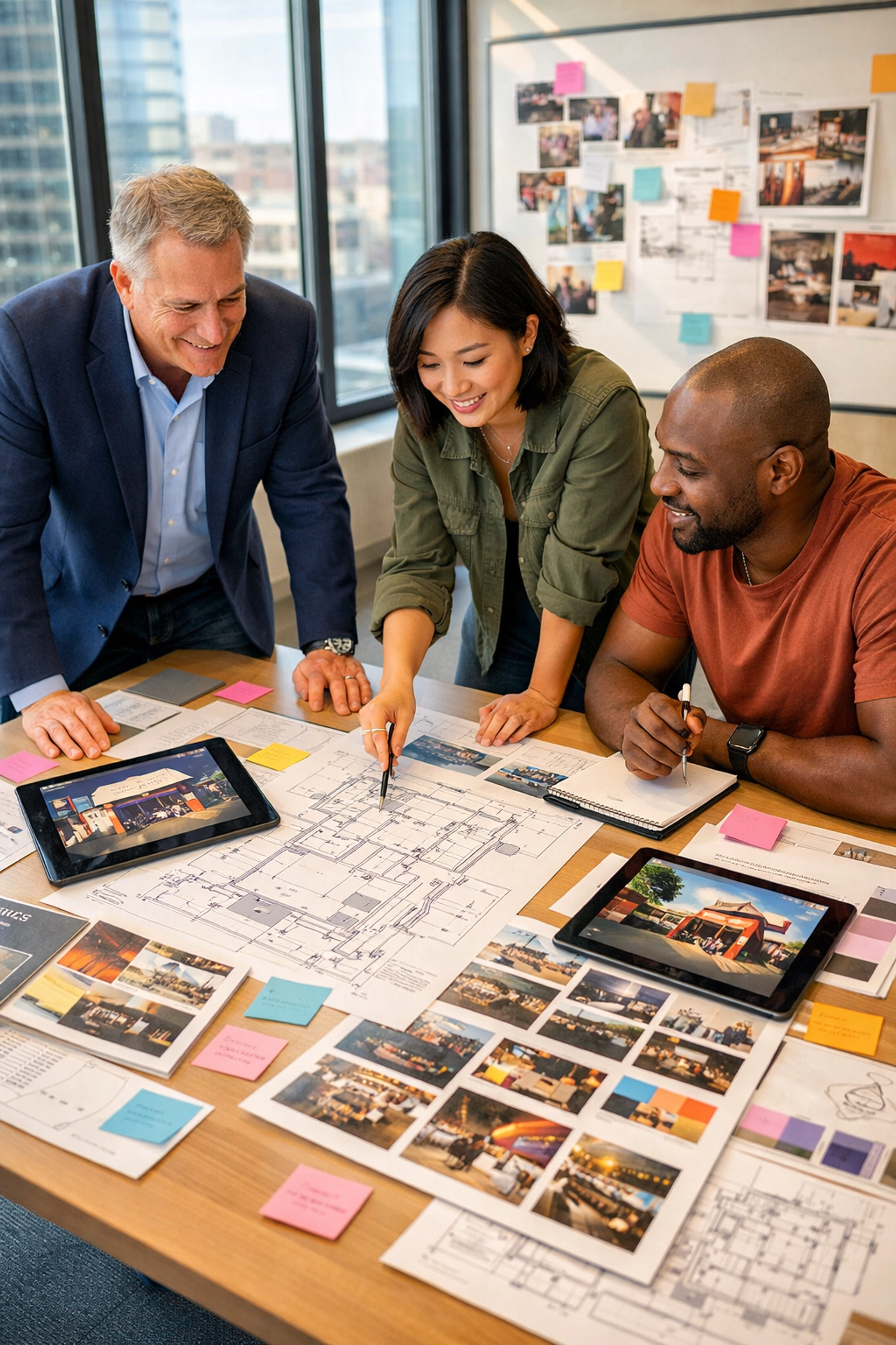 Event planning team collaborating on sponsorship activation strategy with blueprints and digital concepts