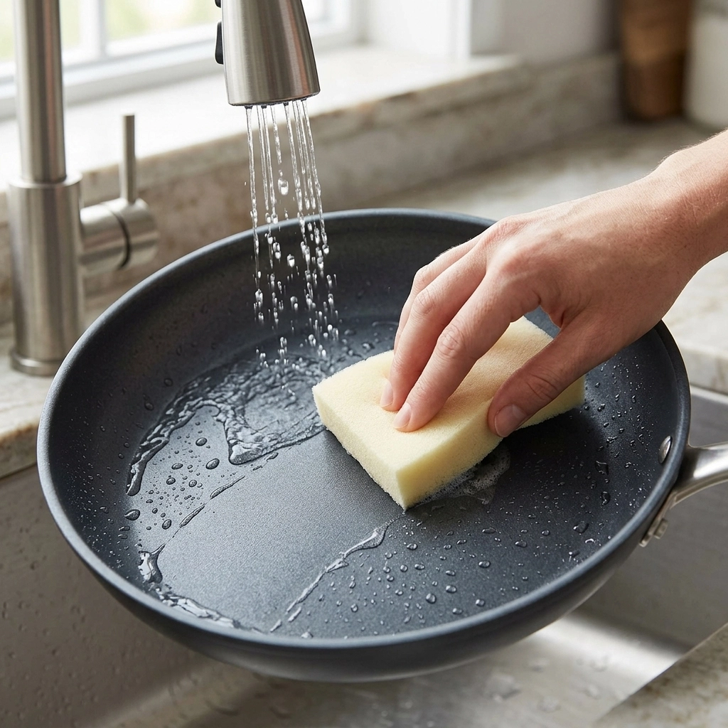 A hand gently cleaning a non-stick pan with a soft sponge.