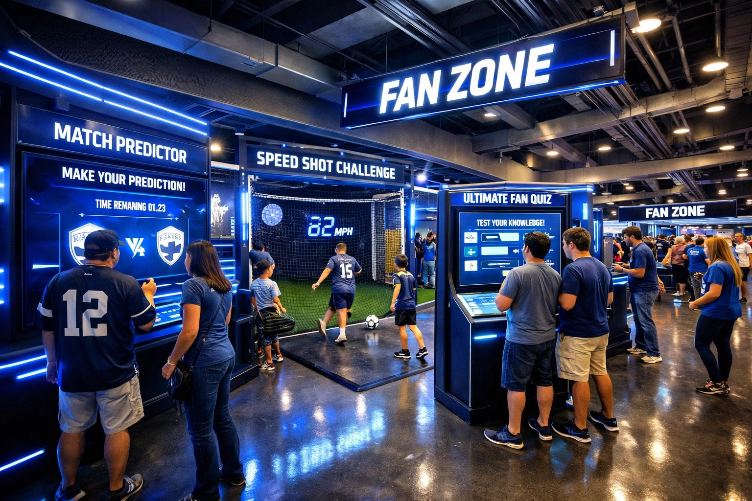 Interactive fan zone with digital displays and touchscreens in stadium concourse