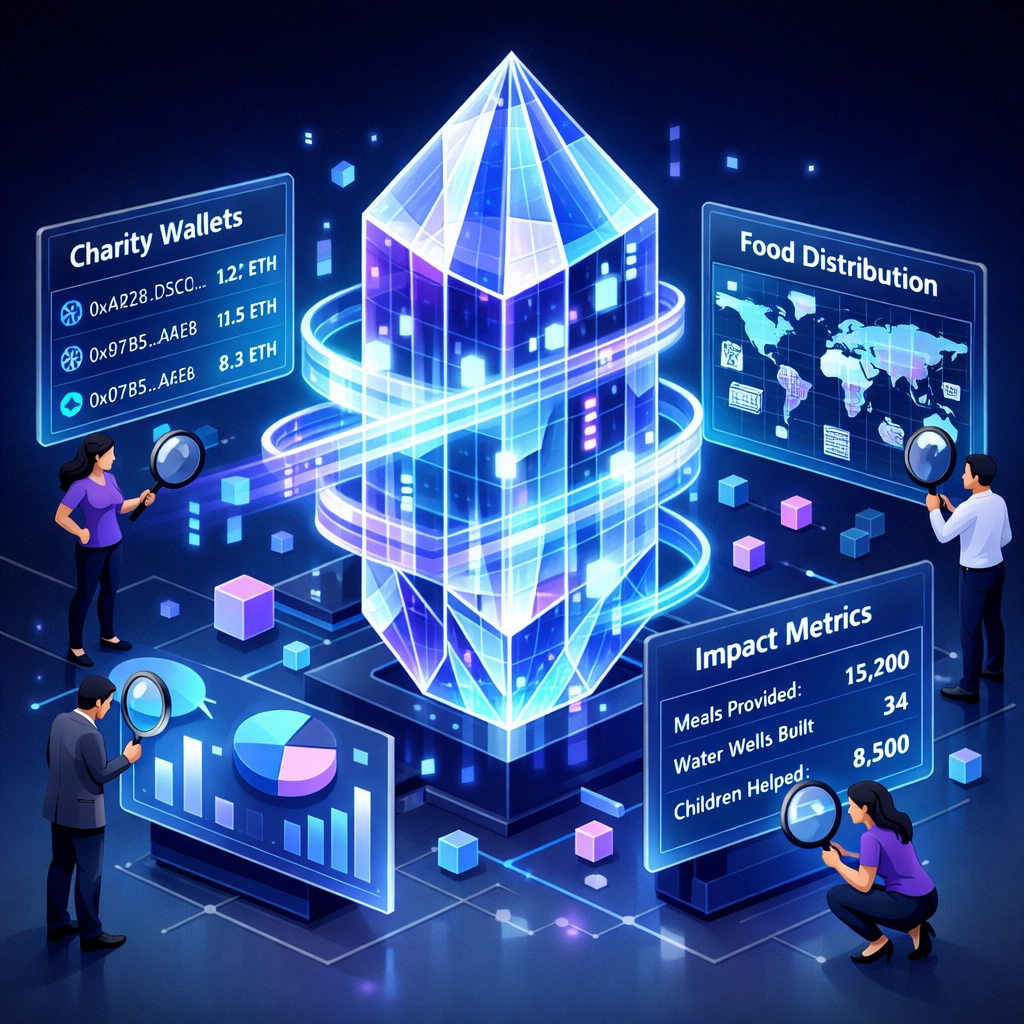 Blockchain ledger displaying transparent charity transaction data and global hunger relief impact metrics