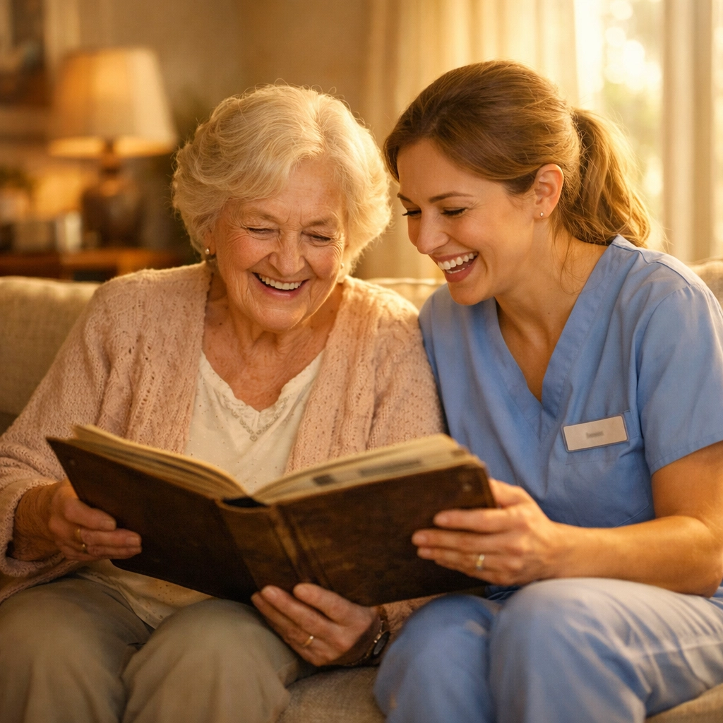 Companion care Houston caregiver and senior woman smiling while looking at a photo album in a sunny living room.
