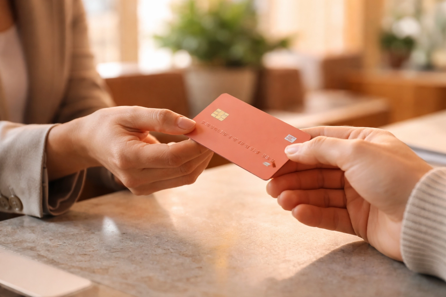 Close-up of hands exchanging a new debit card in a friendly bank setting, representing trans-friendly banking.