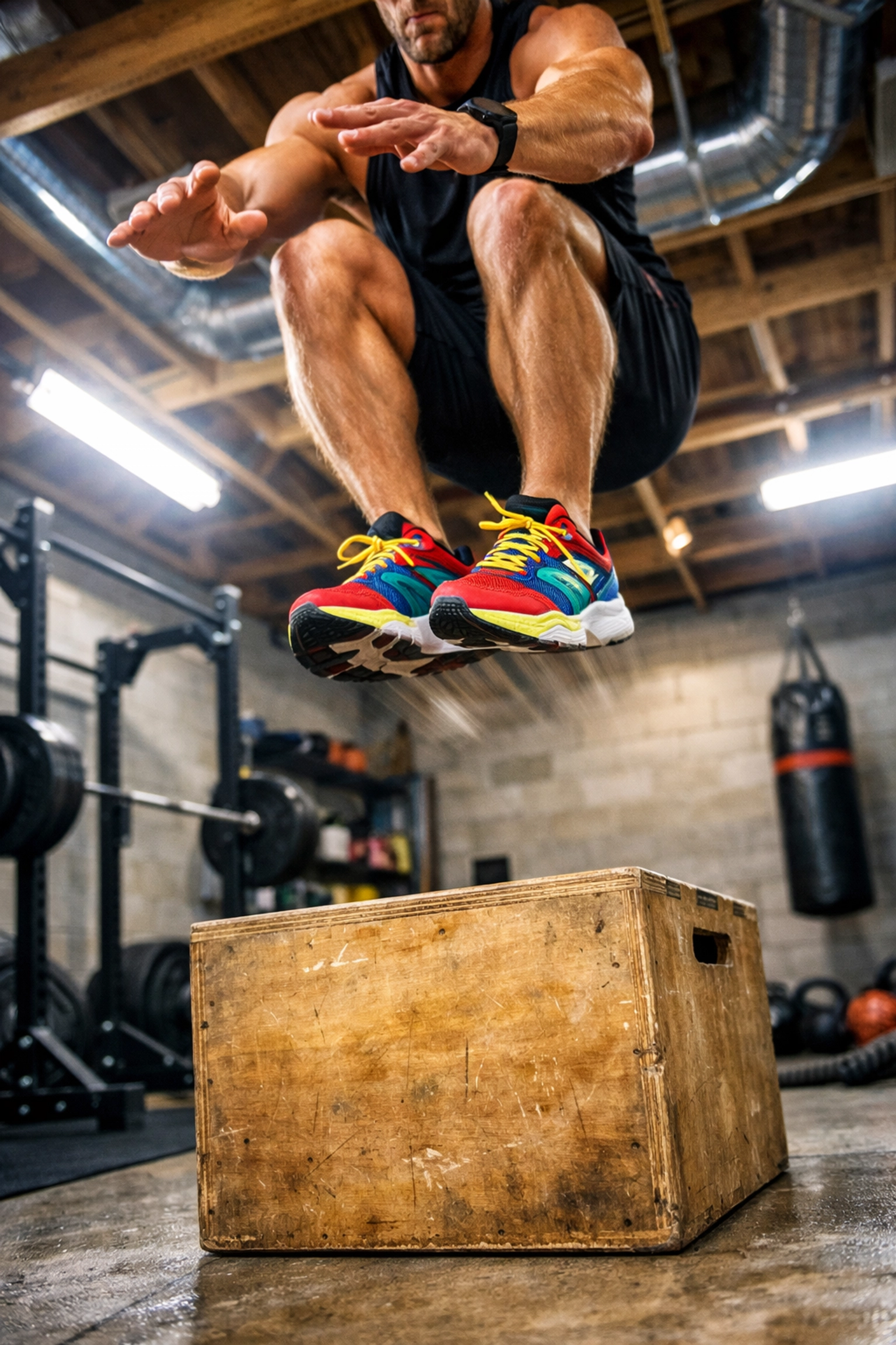 Explosive box jump exercise in home garage gym for ninja warrior training