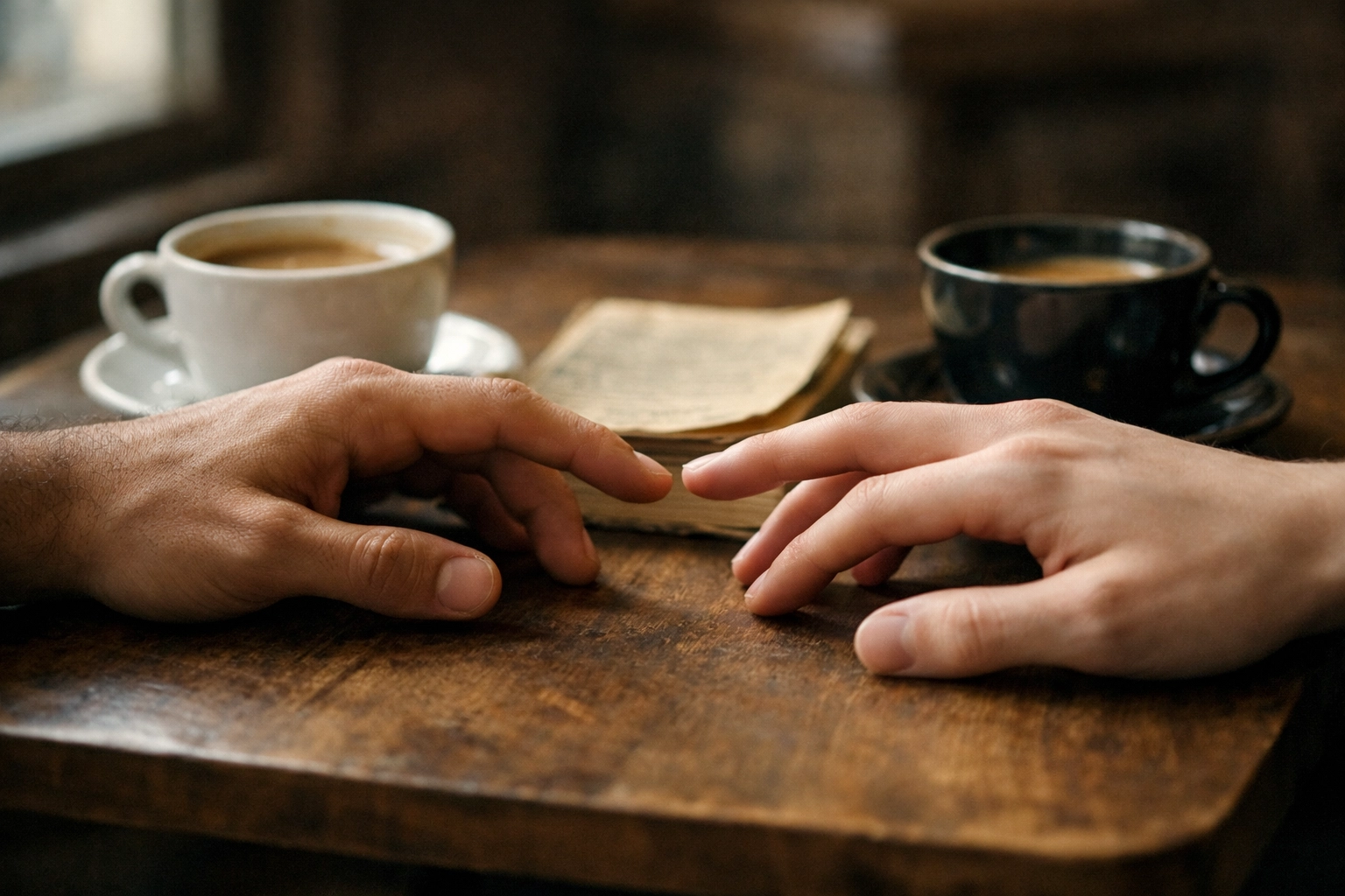 Gay couple's hands almost touching on cafe table, showing hesitation and trust building