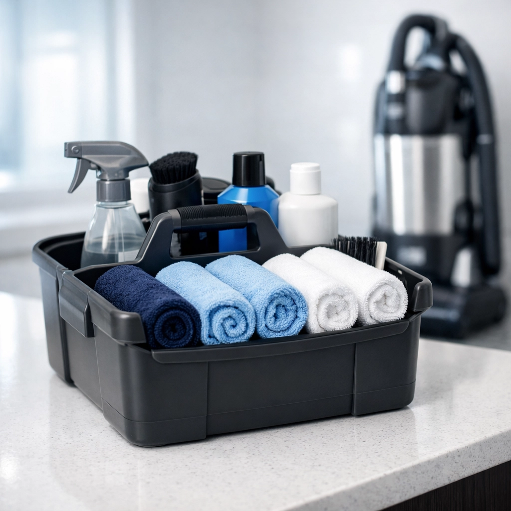 Professional cleaning caddy and HEPA vacuum used by experts for a deep weekly house cleaning.