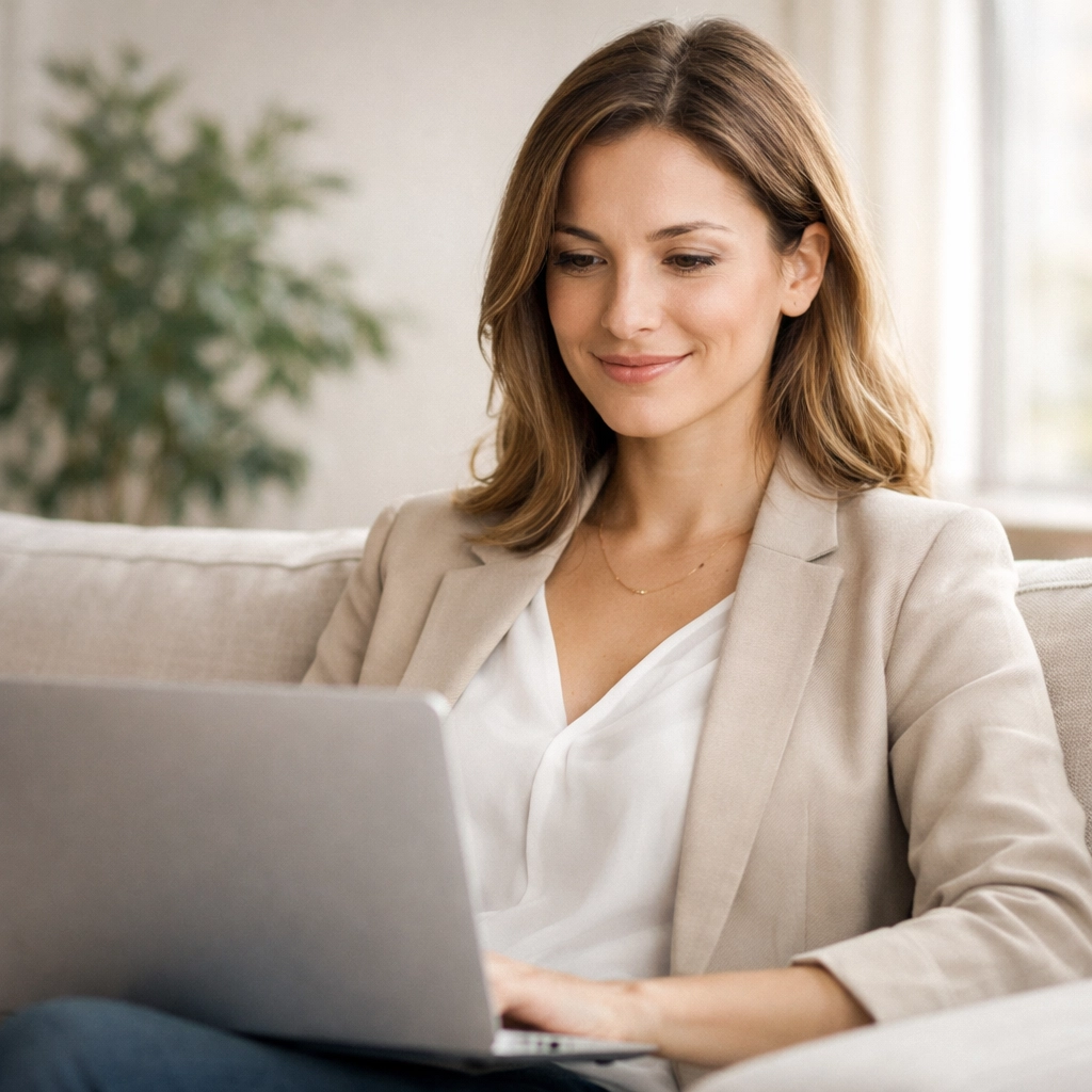 Woman applying for a cash loan online Canada on her laptop with a relieved smile.