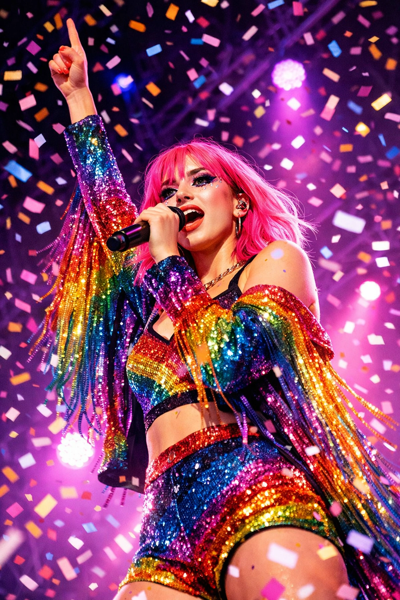 Queer female pop star performing on stage celebrating LGBTQ+ visibility and representation