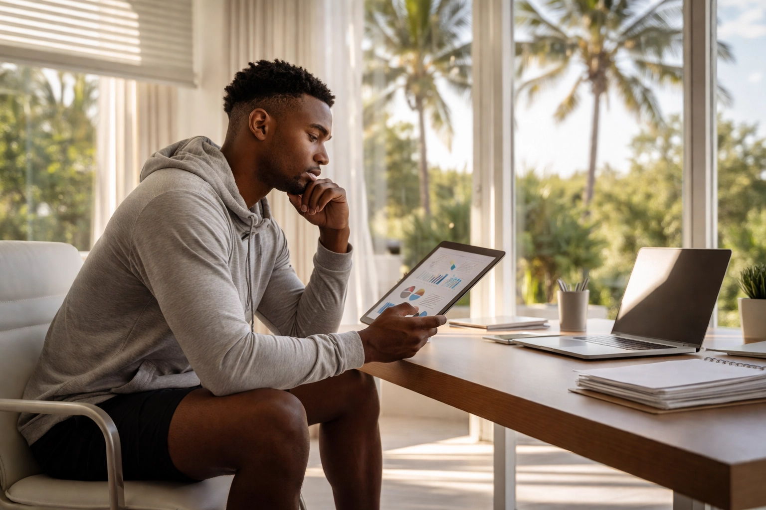 A young professional athlete reviewing financial charts at a modern home office in Jupiter, Florida