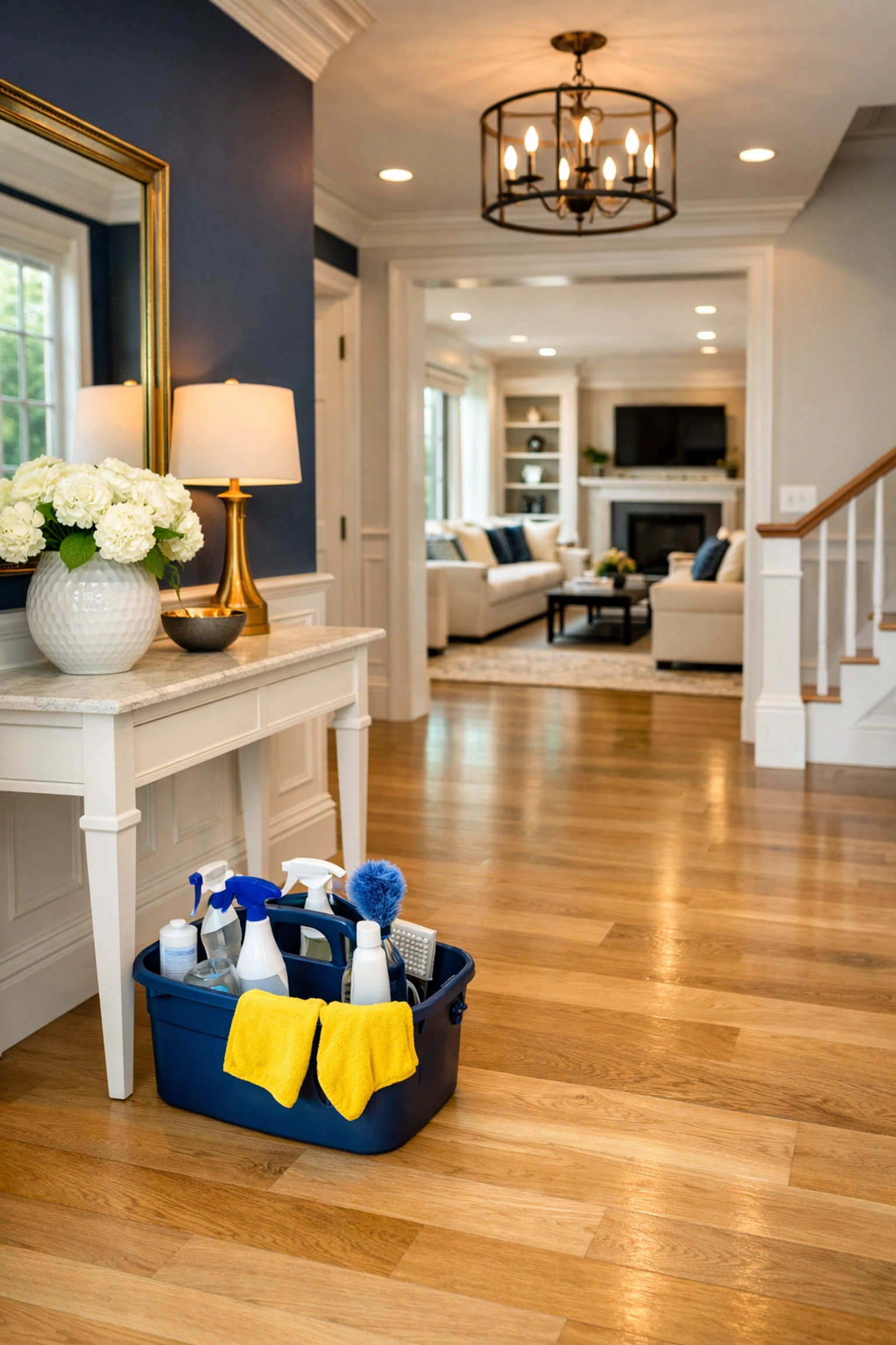 Professional cleaning supplies in a Westford home ready for scheduled weekly house cleaning.