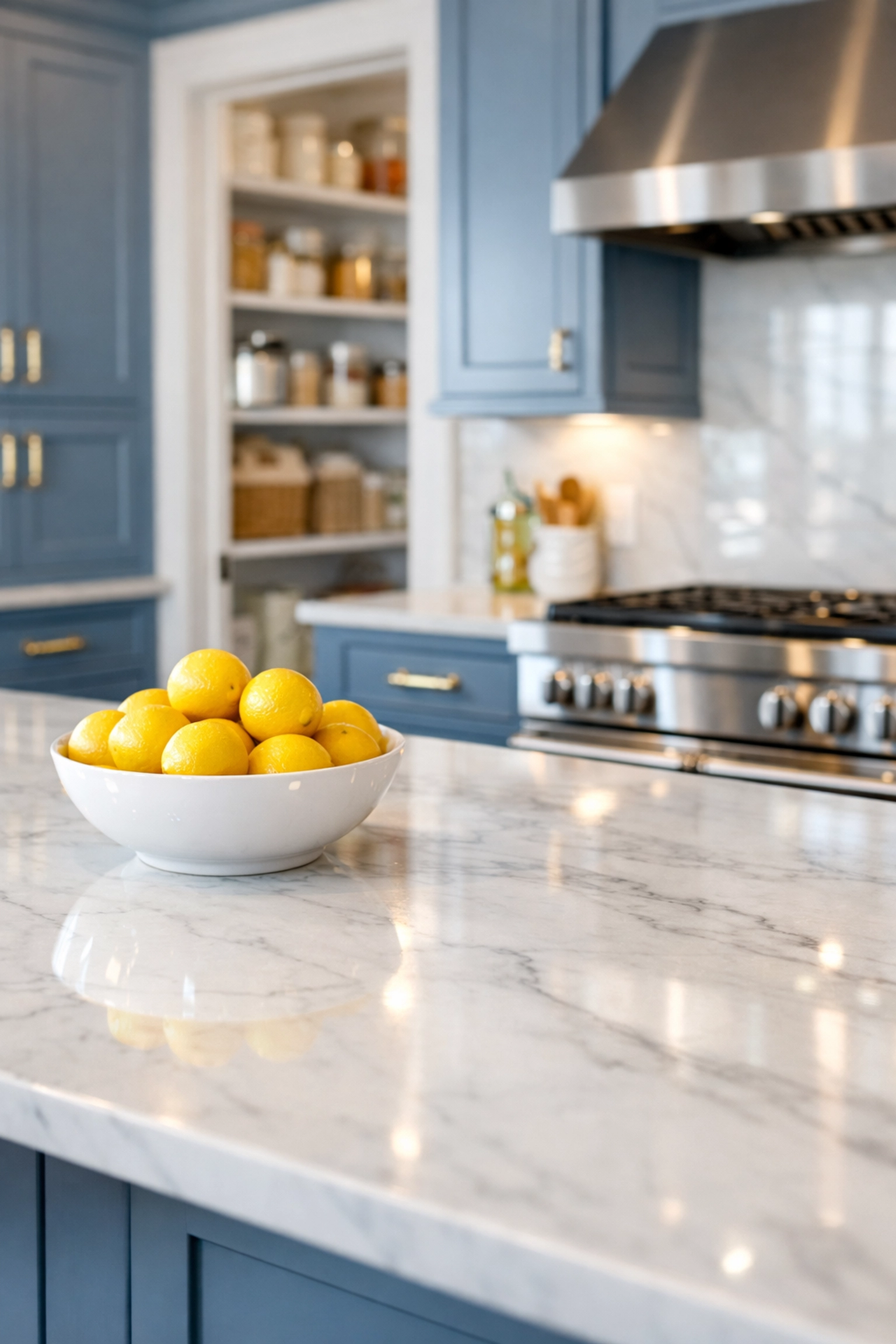Spotless modern kitchen in Mashpee with polished marble counters after a weekly house cleaning service.