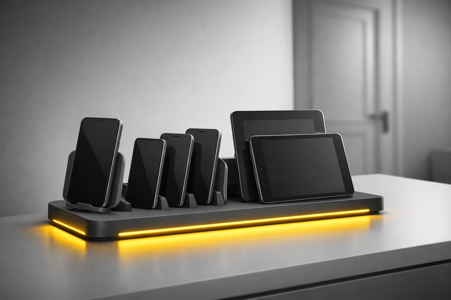 Family charging station with devices outside bedroom promoting healthy digital wellbeing boundaries