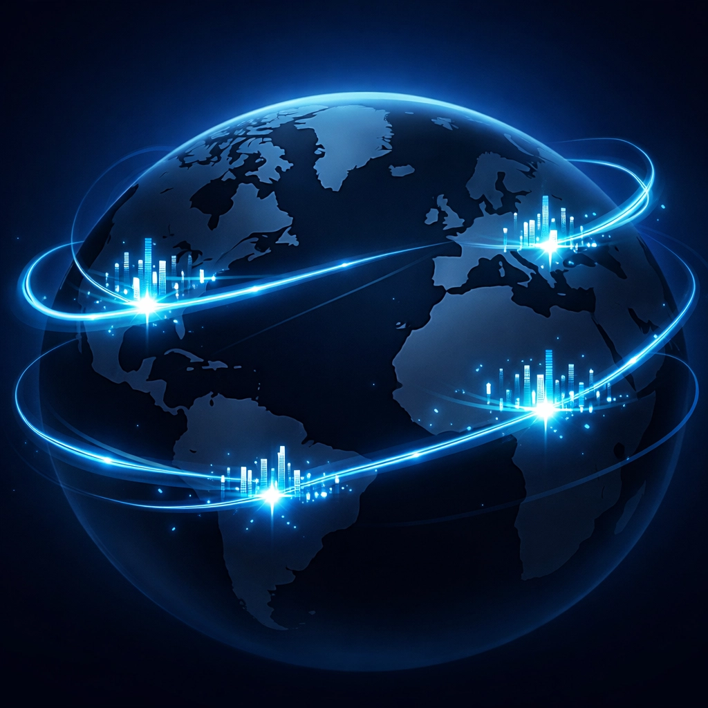 Global financial map with digital light streams representing high-efficiency cross-border payment rails.