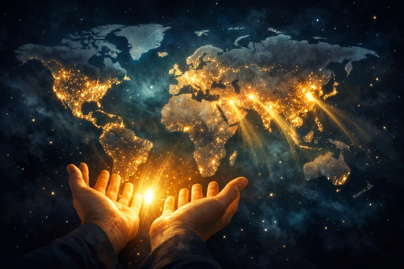 Hands praying over a glowing world map, reflecting a biblical perspective on global news and intercession.