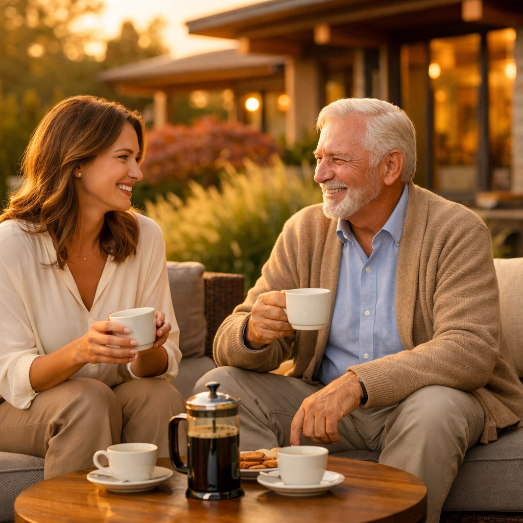 An adult daughter and senior father discussing a family care plan on a luxury Bellevue patio.