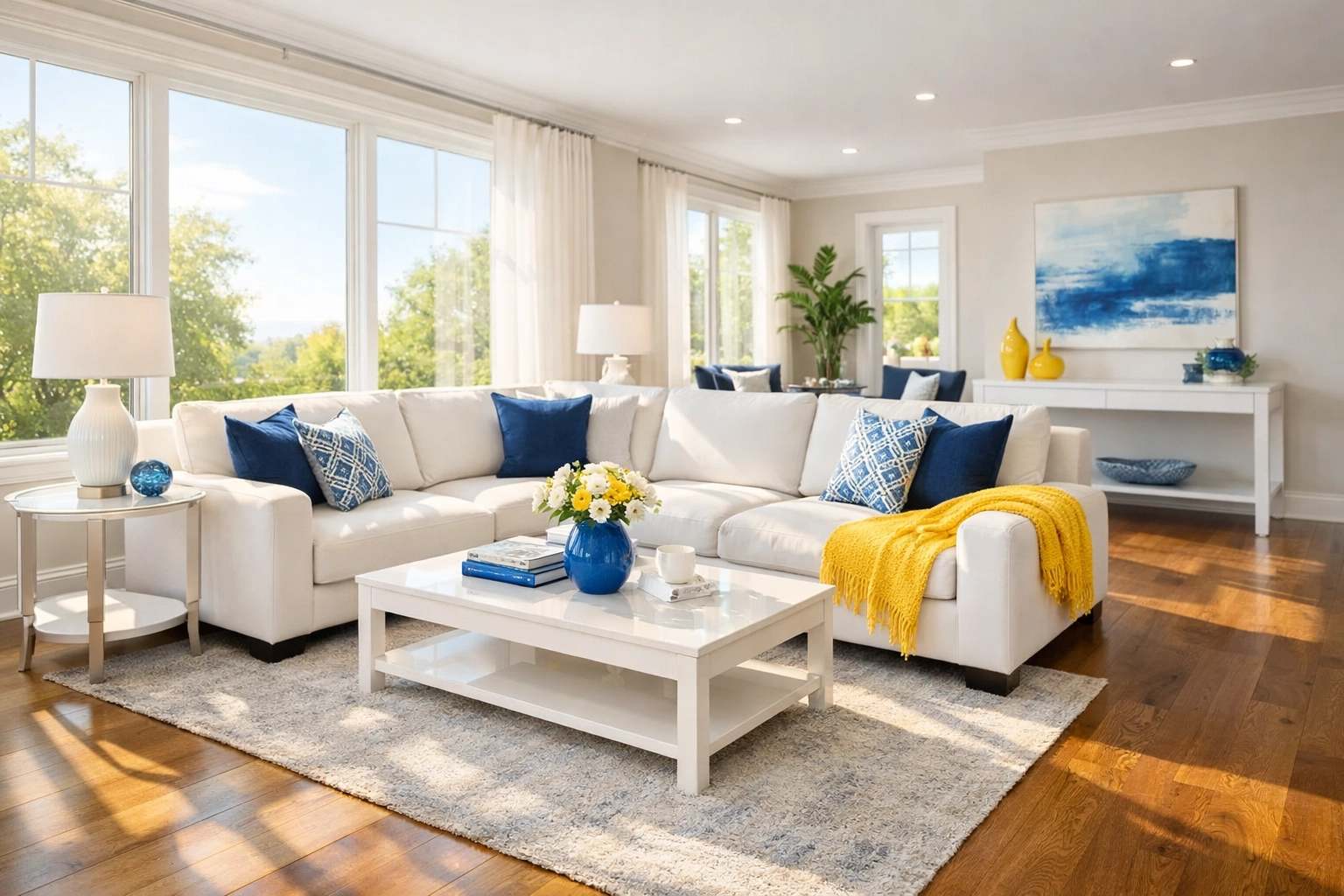 Immaculate modern living room staging showing clean surfaces to build buyer trust in real estate.
