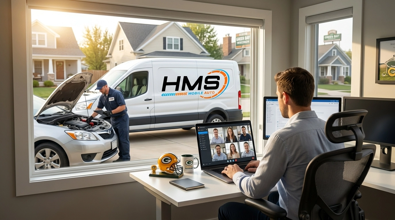 A remote worker in Green Bay focuses on a laptop while an HMS Mobile Auto technician services their vehicle in the driveway visible through the window.