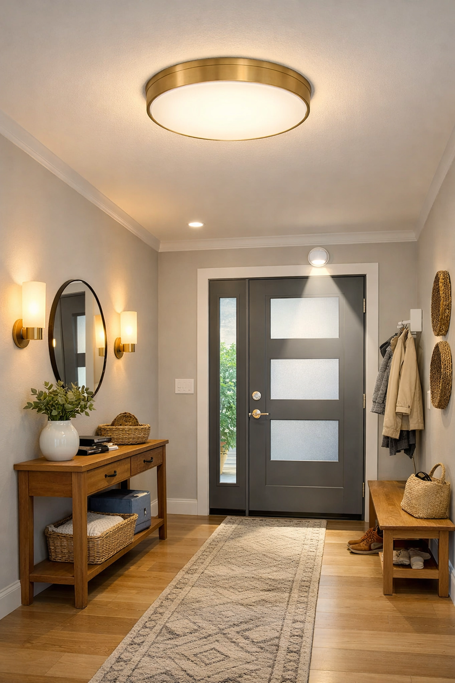 Well-lit home entryway with multiple light fixtures ensuring clear visibility for fall prevention