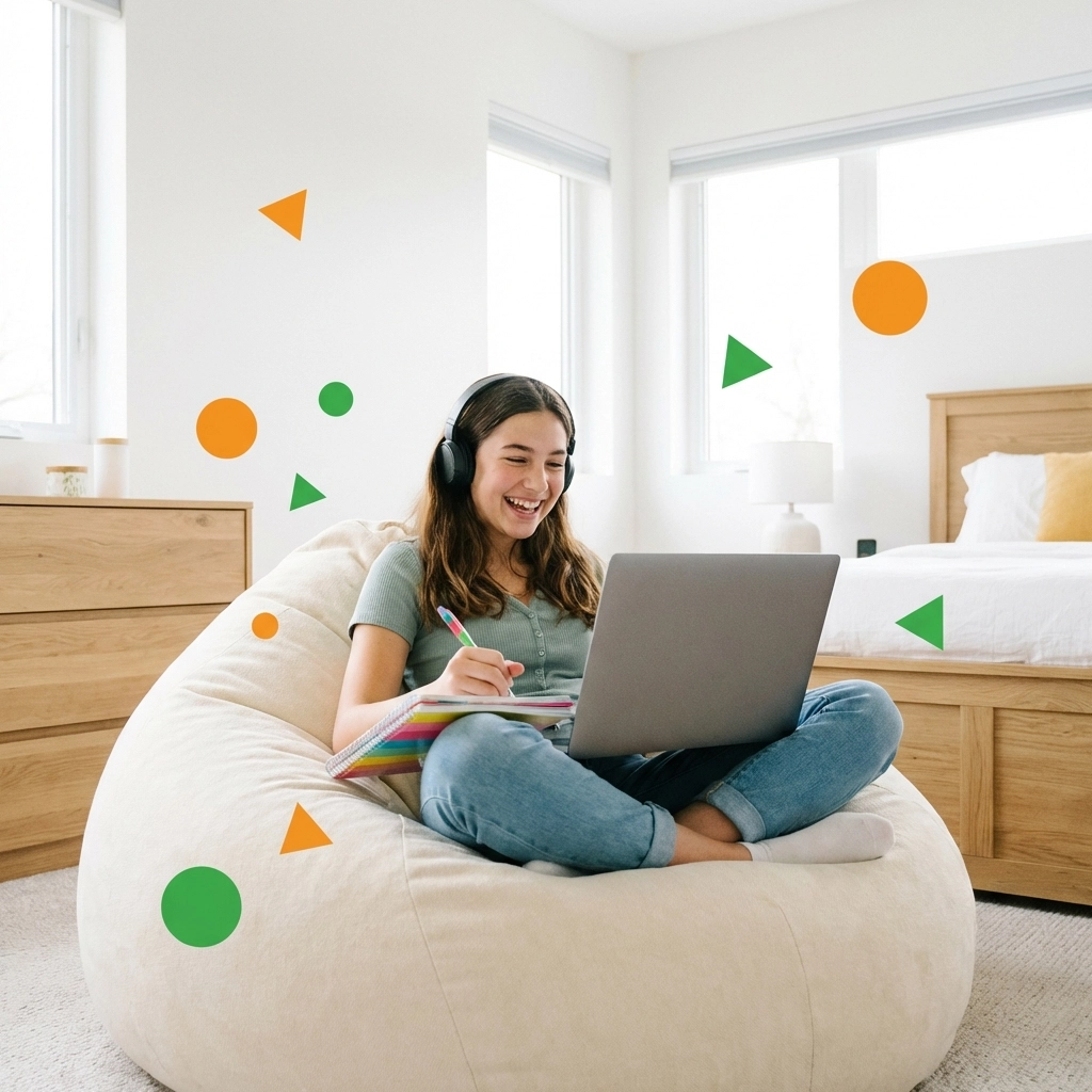 Teen girl engaged in online life skills learning with laptop and headphones at home