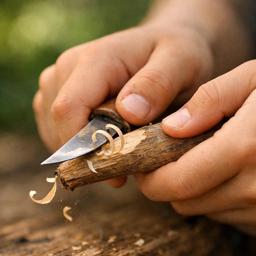 Child's hands whittling wood with knife during camping survival skills practice