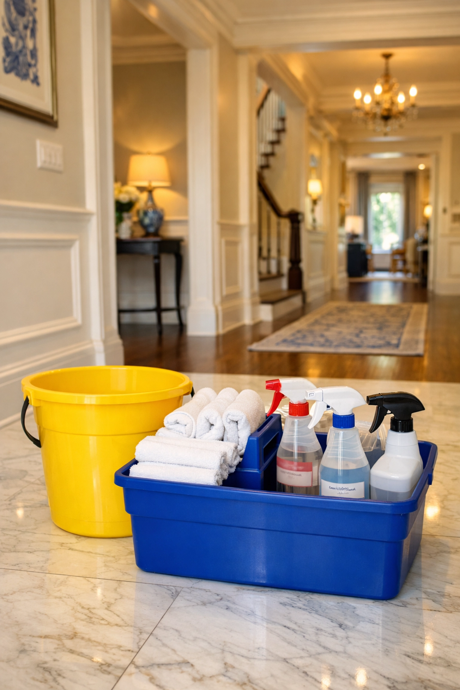 Professional cleaning supplies from The Cleaning Ninjas Inc ready for a deep cleaning in Carlisle home.