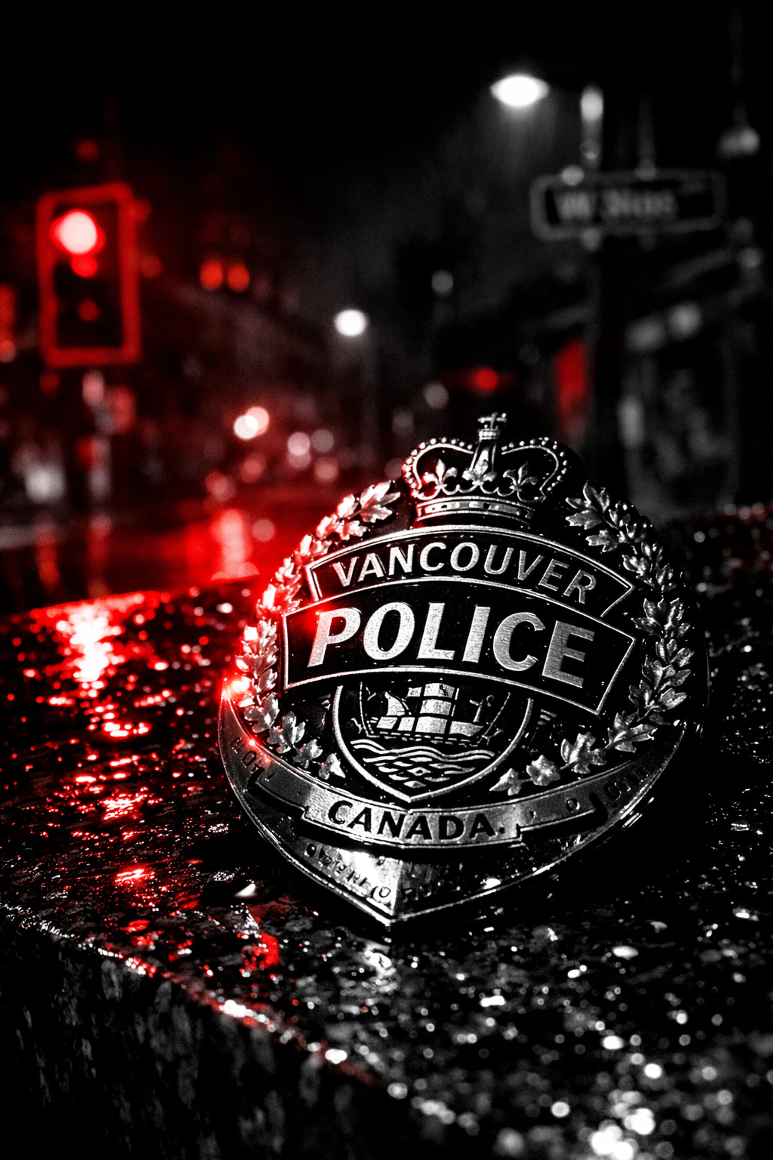 A polished police badge on a dark surface, representing Vancouver Police Department oversight and reform.