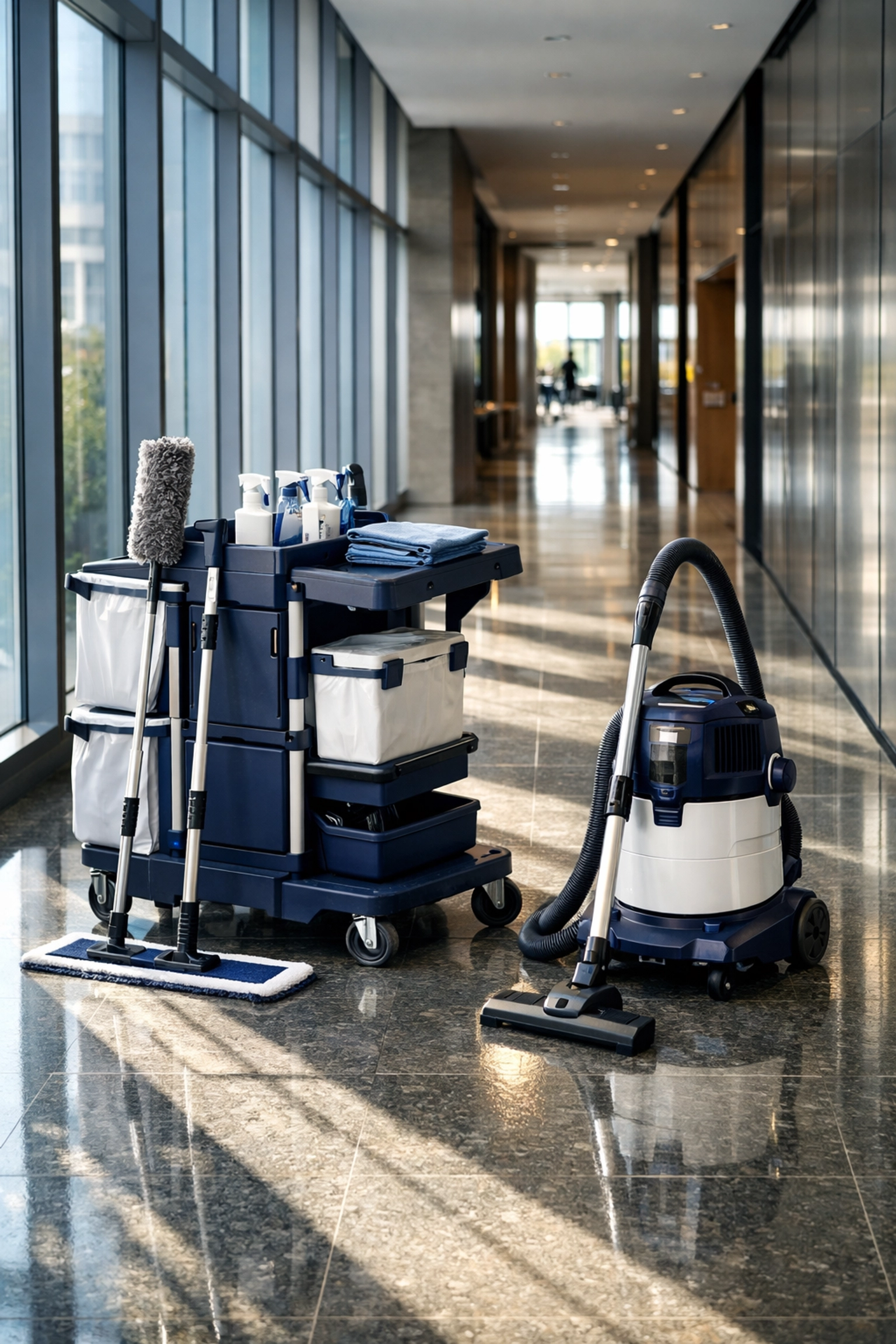 Janitorial services Leominster MA: professional janitorial station and polished floors in a modern commercial office hallway.