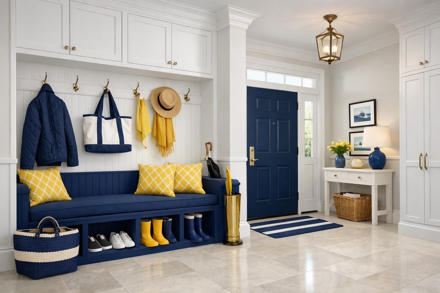 Organized luxury mudroom in Newton MA kept pristine by recurring professional cleaning.