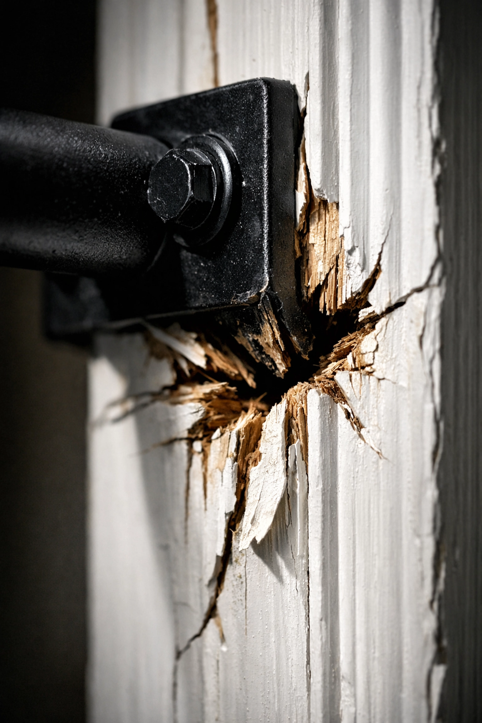 Damaged white door frame with cracks and splintering wood from an unstable doorway pull-up bar.