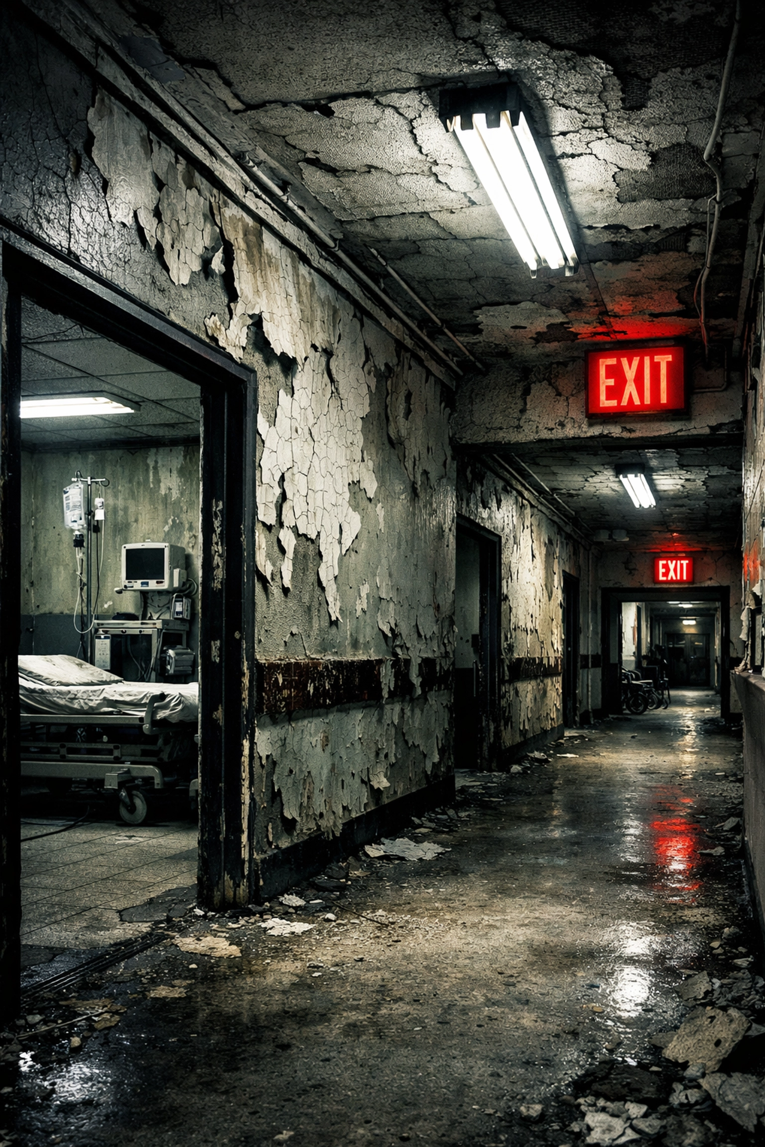 Deteriorating hospital corridor at Montreal General Hospital showing infrastructure crisis