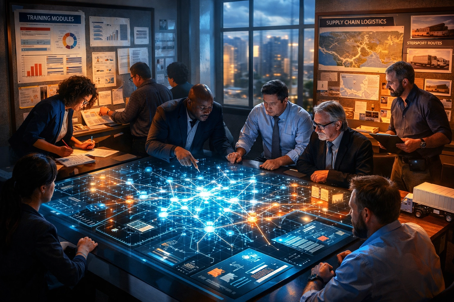 Workforce development professionals collaborating around table with infrastructure maps showing three-tier framework