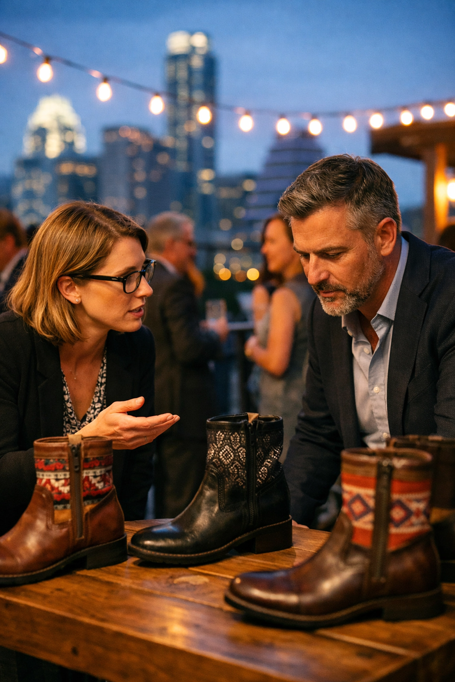 Professionals at an Austin event discussing handcrafted artisan leather boots.