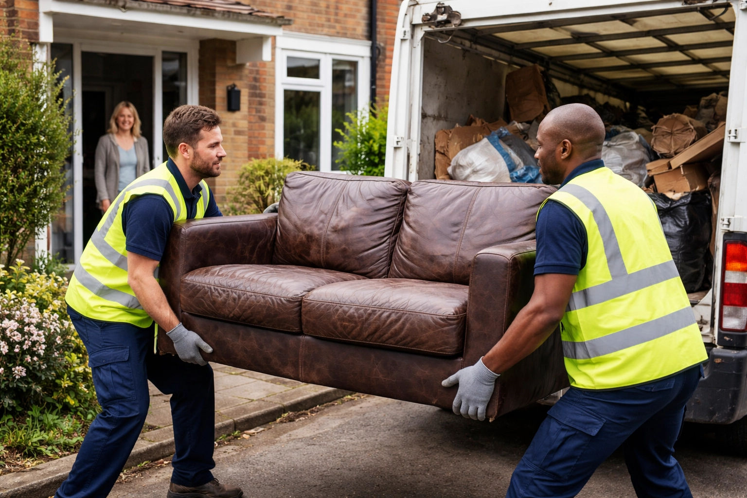 Team loading a sofa into a waste collection truck outside a British home, showing bulk waste removal